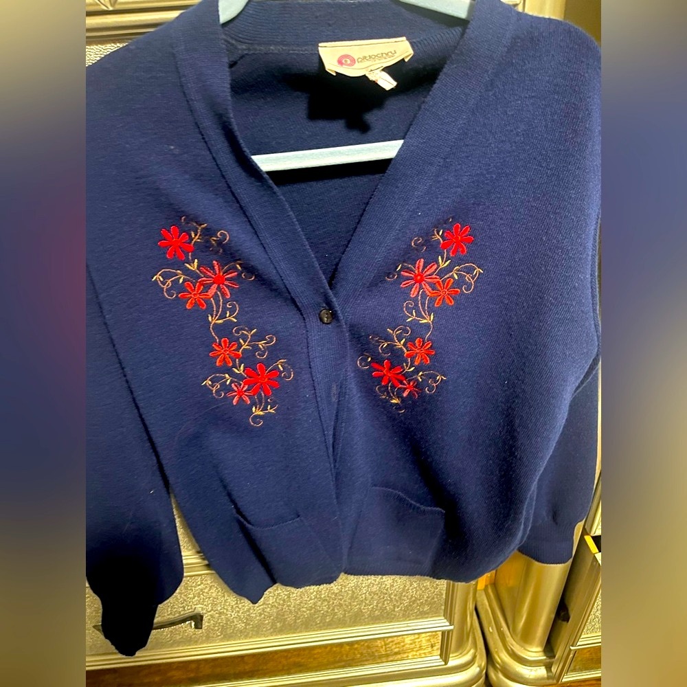 Pitlochry Chic Navy Blue Cardigan with Red Embroidery made in Scotland